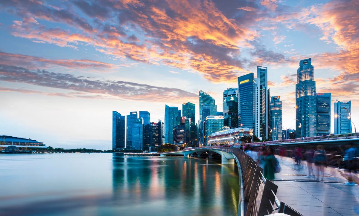 Singapore's skyline at Marina Bay at twilight